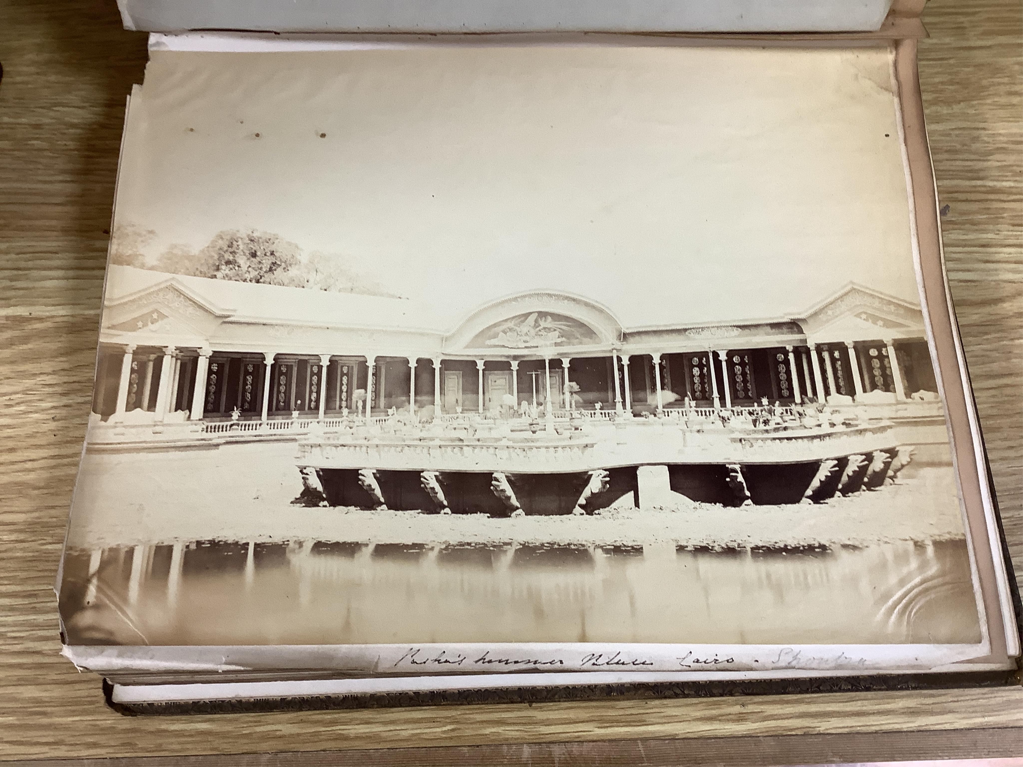 A Victorian photograph album; assorted portraits (many named) and views of India, many dated c.1860's. Condition - album spine torn, contents fair